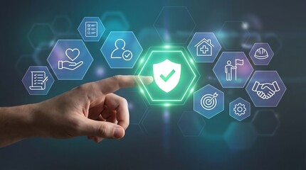 Secure digital protection with shield icon and various security symbols