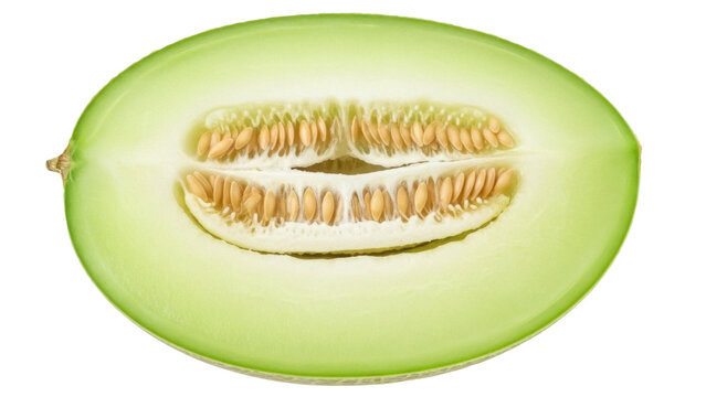 Isolated Honeydew melon cross section, showing seeds and light green flesh, juicy and delicious