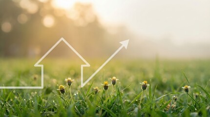 Sunlit grass field with rising arrow line overlay, for green growth strategy.