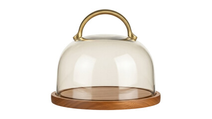 Isolated glass cloche with wood base and golden handle for displaying food creations indoors