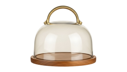 Isolated glass cloche with wood base and golden handle for displaying food creations indoors