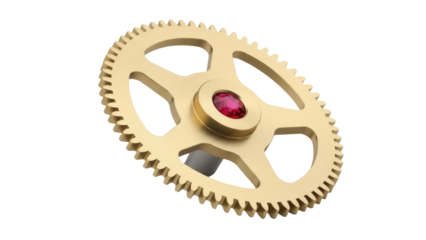 Isolated brass cogwheel with ruby set in center, machinery part, clockwork gear component