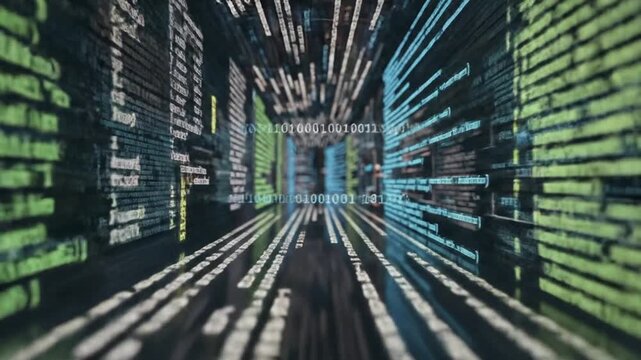 Digital tunnel with binary code and programming script. Concept of artificial intelligence, ai big data mining, and machine learning.