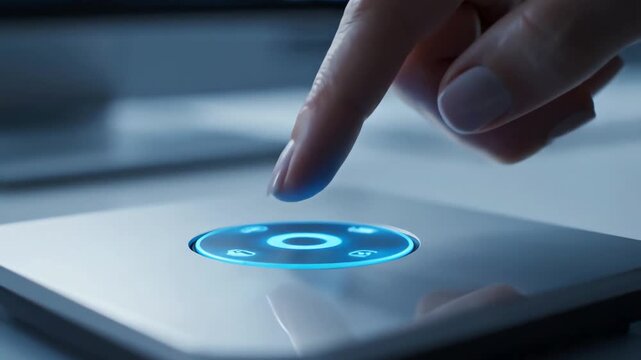 Close up of a finger pressing a glowing circular button on a sleek metallic surface