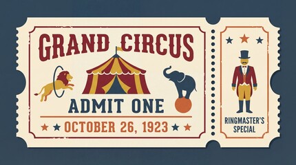 Grand Circus ticket from October 26, 1923 featuring a lion, elephant, and ringmaster