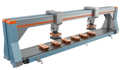 Isolated Automated industrial assembly line inspection process with conveyor belt and robots