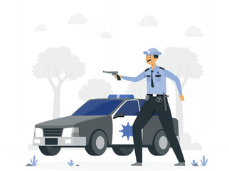 Police officer standing with gun and patrol car law enforcement de © Kaylash