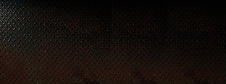 Industrial dark metal diamond plate texture with a rugged, weathered finish. Non-slip steel floor pattern features realistic grit and shadows, perfect for tough mechanical backgrounds