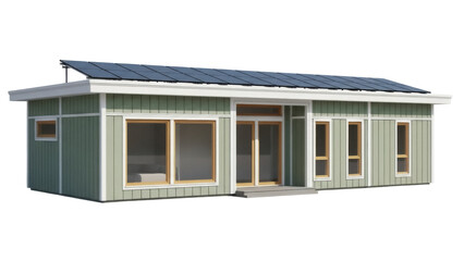 Isolated house with solar panels, a sustainable home, prefabricated modern architecture