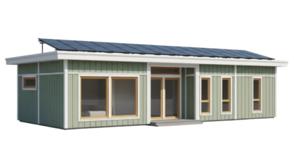 Isolated house with solar panels, a sustainable home, prefabricated modern architecture