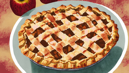 Watercolor illustration of apple pie with lattice pie crust, typical American baked dish served for Thanksgiving holiday, apple cake tart