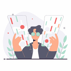 Futuristic Data Scientist Analyzing Holographic Infographics and Digital Algorithmic Streams with HUD Interface