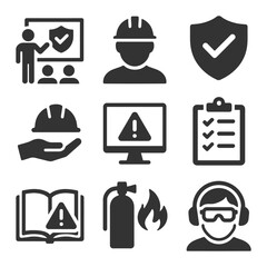 Comprehensive safety training and equipment icons for workplace awareness.