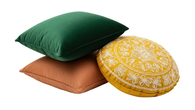 Isolated decorative pillows a green, tan, & yellow-gold cushion against no background isolated