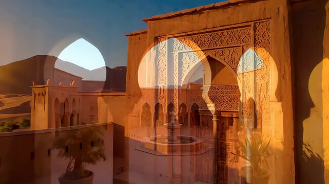 A beautiful traditional Moroccan riad with a courtyard fountain set against a desert mountain landscape