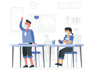 Students wearing face masks in classroom setting desks school desi