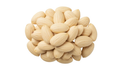 Isolated pile of blanched almonds nuts without skins, snack food ingredient for baking