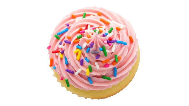 Isolated cupcake with pink frosting and sprinkles, birthday treat, confection, dessert