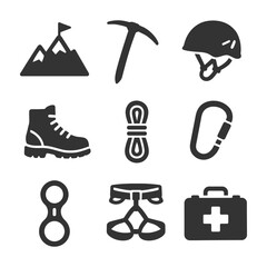 Essential mountain climbing gear icons including helmet, boot, and first aid kit.