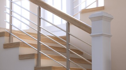 Obraz premium Medium shot capturing a straight wooden staircase with metal balusters showcasing clean lines and contemporary design in a bright interior space.