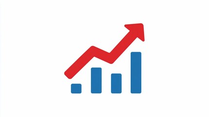 Red upward arrow over blue bar graph indicating growth on white background