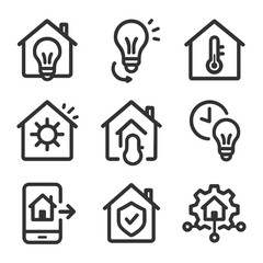 Smart home automation icons: light, temperature, security, scheduling, mobile integration.
