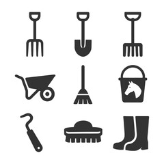 Silhouette icons of gardening and farming tools.