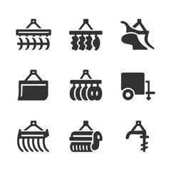 Set of nine farming equipment icons in black silhouette style.