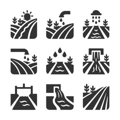 Set of icons depicting irrigation and water management in agriculture.