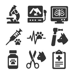 Set of veterinary icons: microscope, ultrasound, x-ray, syringe, heartbeat, otoscope, medicine, scissors, clipboard.