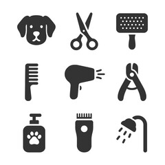 Pet grooming tools: comb, scissors, dryer, clipper, brush, nail trimmer icons.