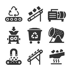 Industrial recycling process icons set featuring conveyor and sorting equipment.