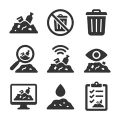 Waste management icons: recycling, trash, search, monitoring, surveillance, checklist.