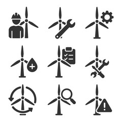 Wind turbine icons: maintenance, tools, and energy efficiency symbols.