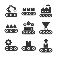 Industrial conveyor icons with robot arms, gears, factory, and conveyor belts.