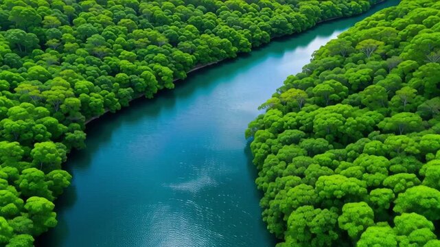 Drone glides forward above a winding blue river cutting through dense green forest canopy. The bend shifts across frame as reflections ripple on water and treetops scroll beneath.