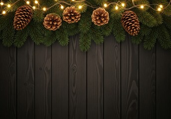 Christmas garland with pine cones and lights on wooden wall background