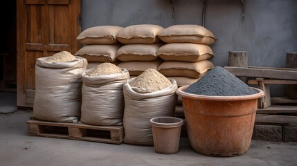 Fototapeta premium Stacks of burlap sacks filled with dry materials beside a tub of cement powder on a wooden pallet