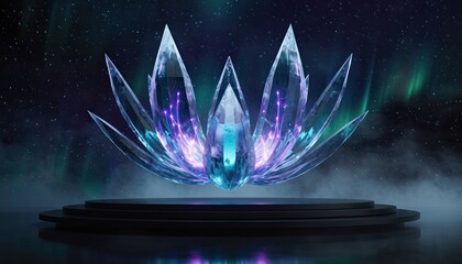 A glowing crystalline lotus flower floats above a dark pedestal under a starry sky with aurora borealis, creating a mystical and futuristic scene.