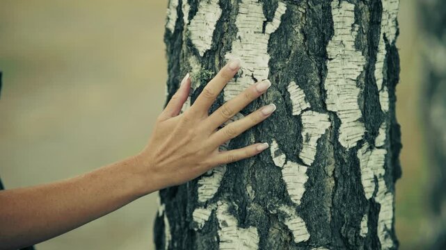 Gently touching rough texture of birch tree bark