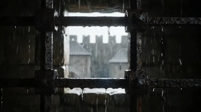 Rain pours down on a medieval castle courtyard through rusty prison bars