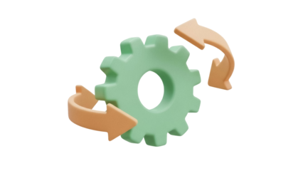 Isolated rendering of mechanical gear with curved rotation arrows, machine repair icon