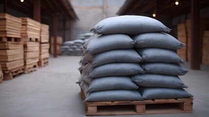 Obraz premium Stacks of gray sacks on wooden pallets inside an industrial warehouse