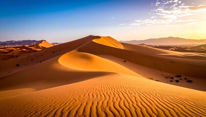 Vast golden dunes at sunrise, casting shadows over a serene landscape