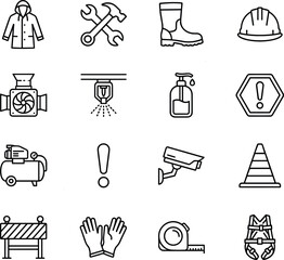 Obraz premium Industrial safety equipment line icons set showing construction tools protective gear warning symbols surveillance and maintenance workplace vector outline collection