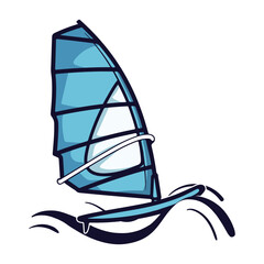 Windsurfing with light blue sail and board on waves isolated on white background