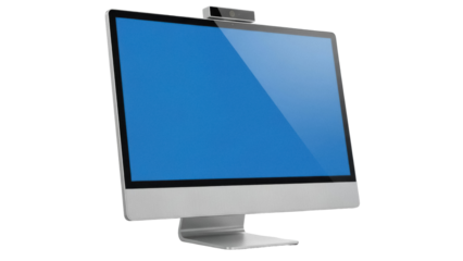 Isolated all-in-one desktop computer with camera, screen off, on a plain surface, digital tool