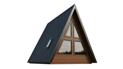 Isolated A-frame cabin, modern architectural style with a dark roof and natural wood accents