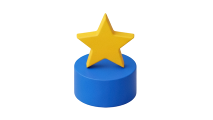 Isolated 3D illustration of a golden star trophy placed on a blue cylindrical pedestal