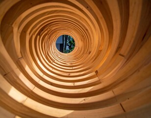 Obraz premium View through a spiral wooden structure, capturing a distant opening